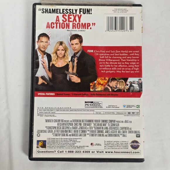 This Means War (DVD, 2012) Reese Witherspoon, Chris Pine, Tom Hardy - Picture 3 of 3